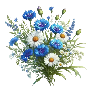 Bouquet of Blue Cornflowers and White Daisies