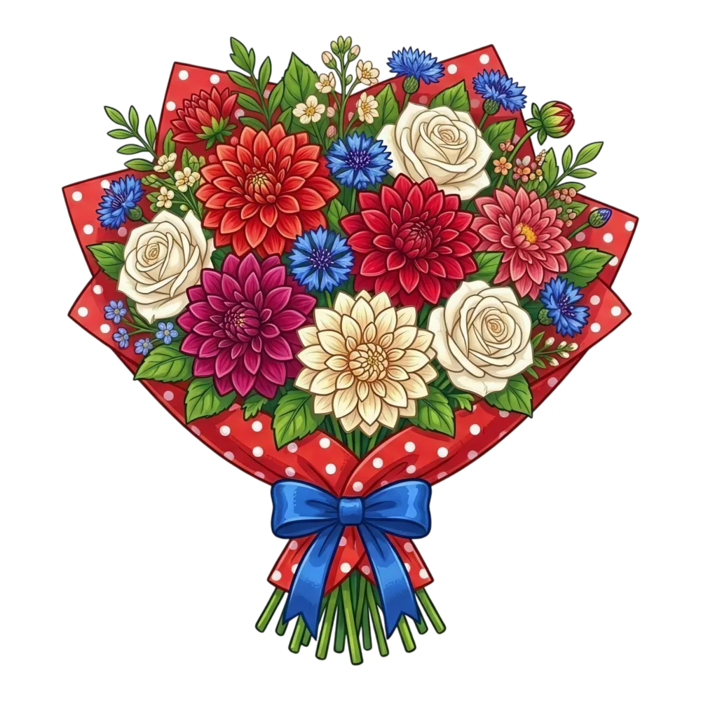 Colorful Floral Bouquet with Red Polka Dot Wrapping and Blue Bow