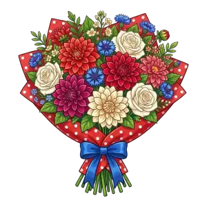 Colorful Floral Bouquet with Red Polka Dot Wrapping and Blue Bow