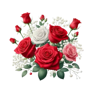 Bouquet of Red, White, and Pink Roses with Green Leaves and Baby's Breath