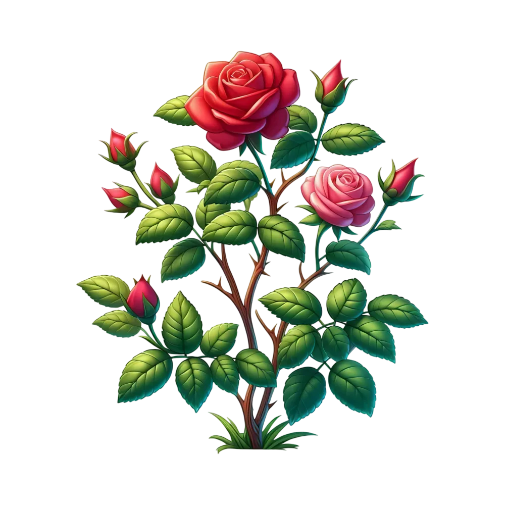 Detailed Red and Pink Rose Bush with Buds and Green Leaves