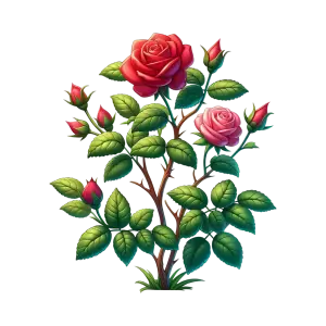 Detailed Red and Pink Rose Bush with Buds and Green Leaves