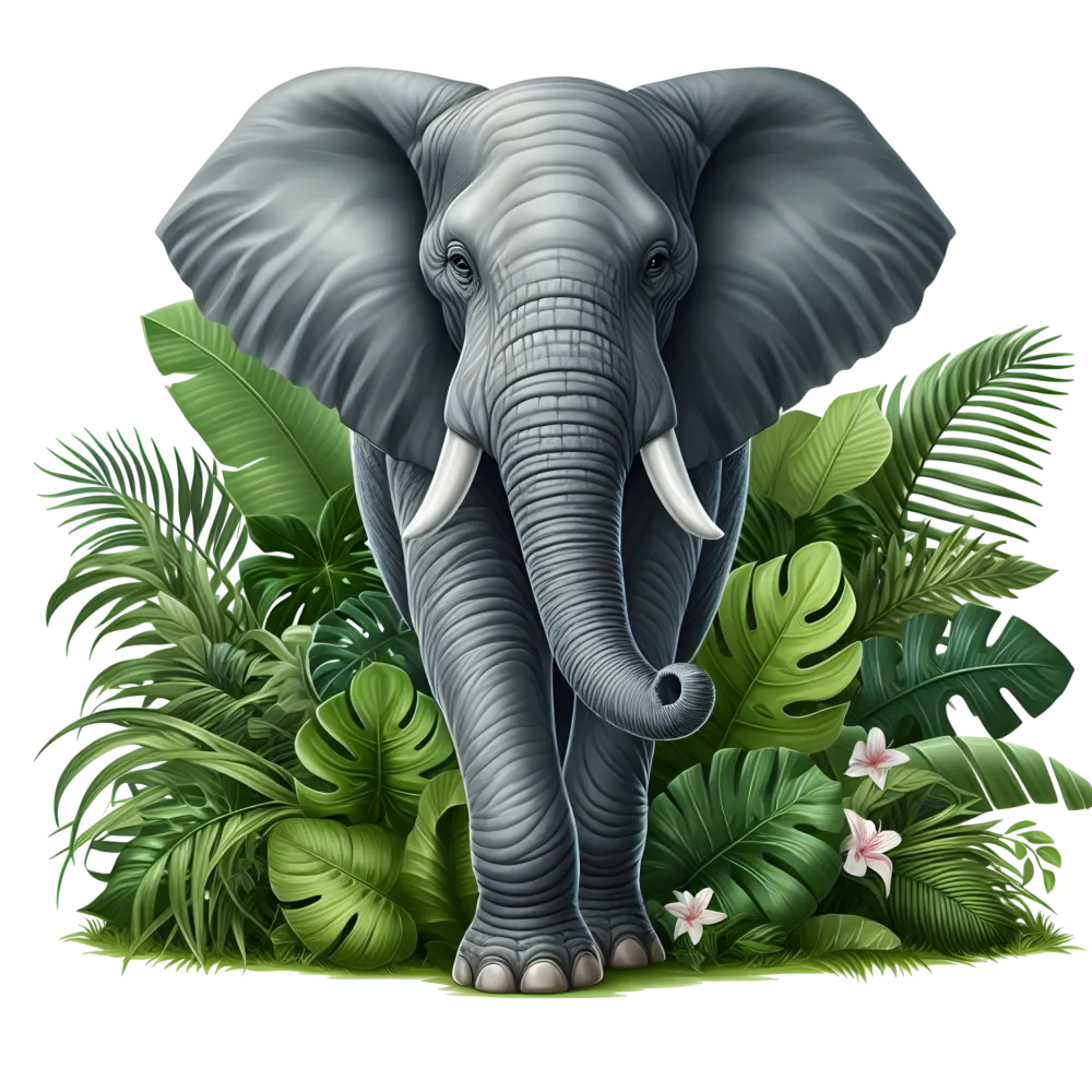Elephant Standing Amid Tropical Jungle Plants