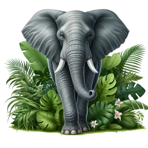 Elephant Standing Amid Tropical Jungle Plants