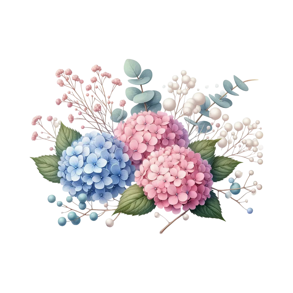 Floral Arrangement with Pink and Blue Hydrangea Flowers and Green Leaves