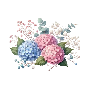 Floral Arrangement with Pink and Blue Hydrangea Flowers and Green Leaves