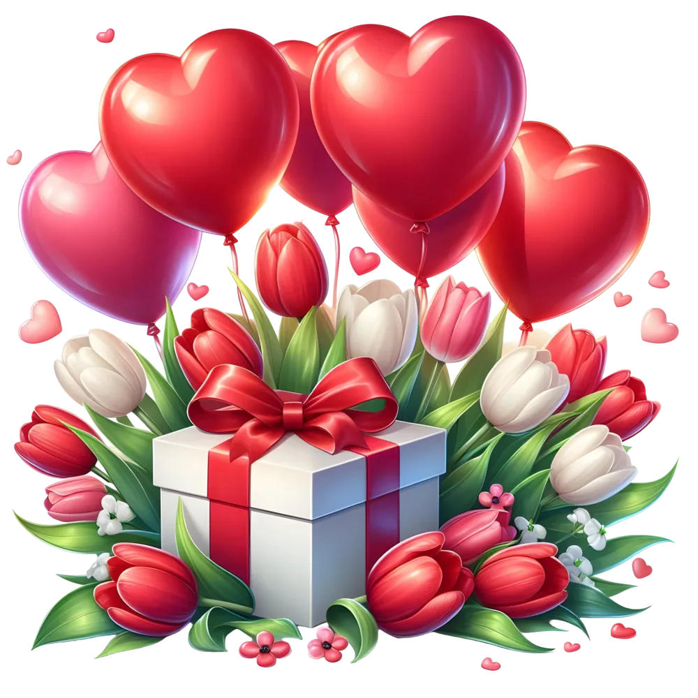 Romantic Gift Box with Red and White Tulips and Heart Balloons