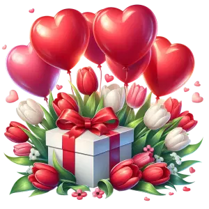 Romantic Gift Box with Red and White Tulips and Heart Balloons