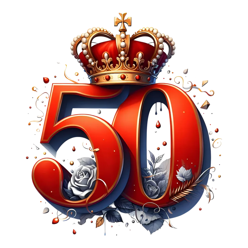 50th Anniversary Red Numerals with Royal Crown and Floral Decoration
