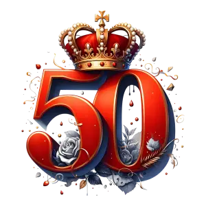 50th Anniversary Red Numerals with Royal Crown and Floral Decoration