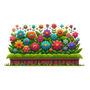 Colorful Cartoon Flower Garden with Wooden Fence
