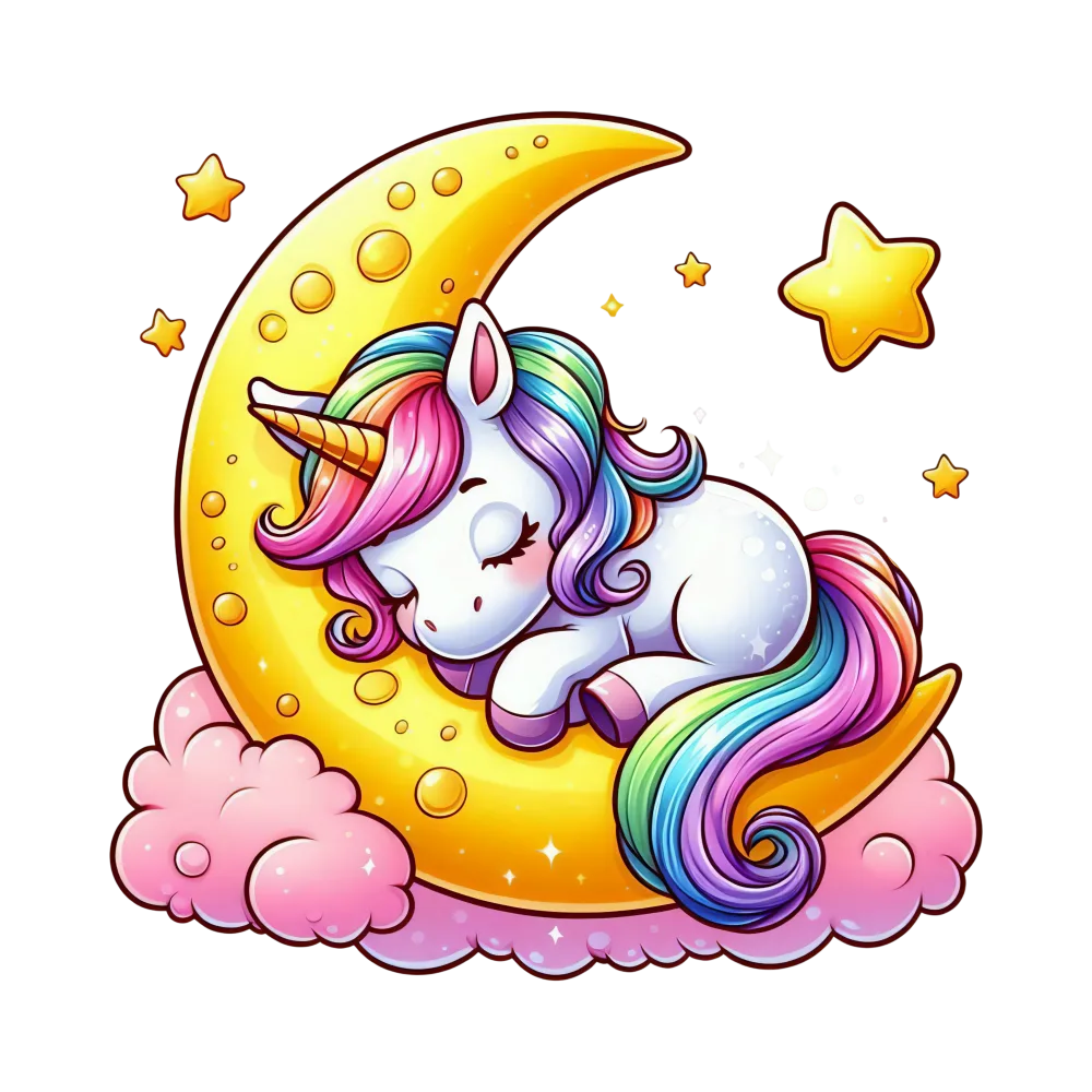 Sleeping Unicorn on Crescent Moon with Stars and Clouds
