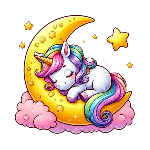 Sleeping Unicorn on Crescent Moon with Stars and Clouds