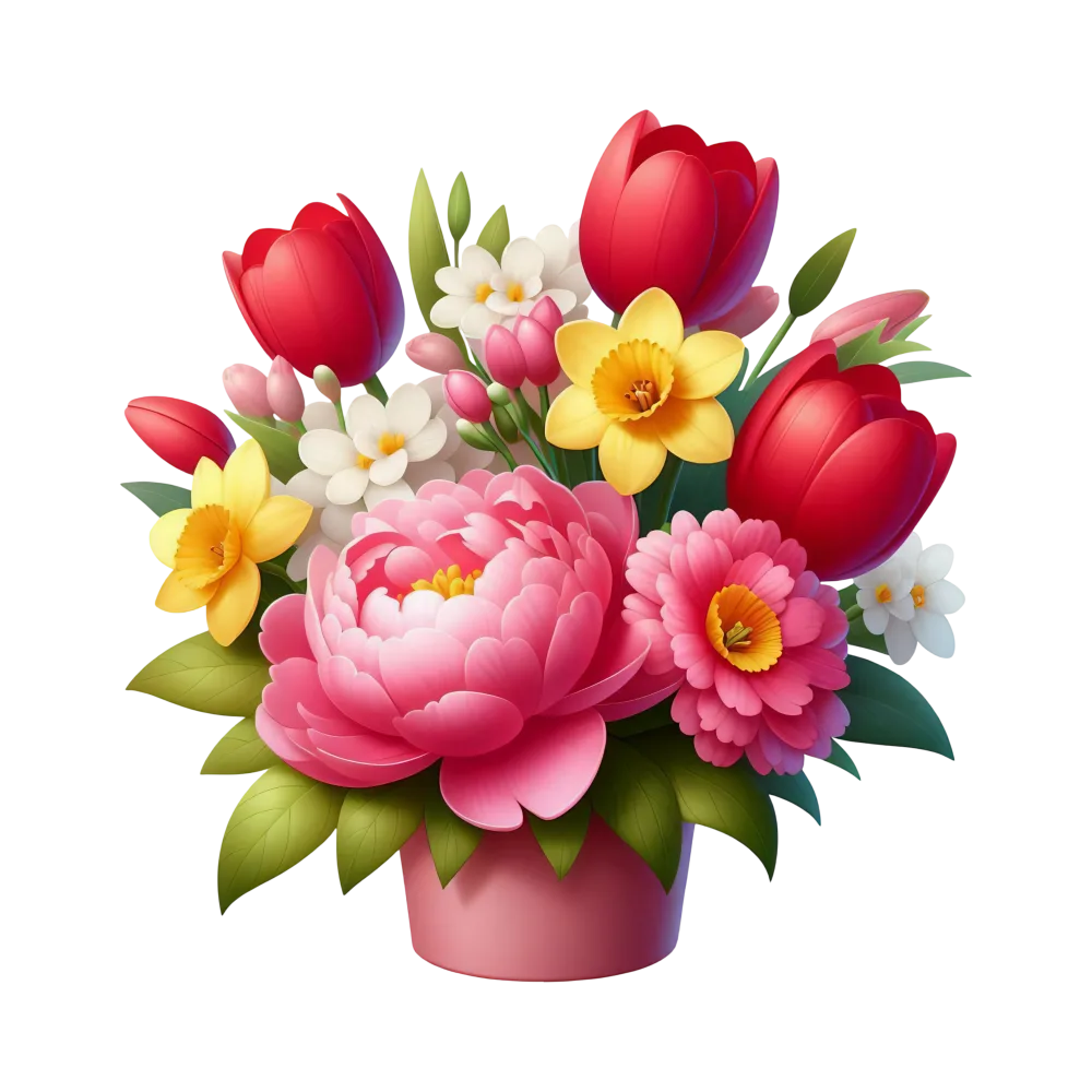 Colorful Flower Bouquet with Tulips and Daffodils in Pink Pot