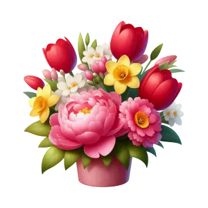 Colorful Flower Bouquet with Tulips and Daffodils in Pink Pot