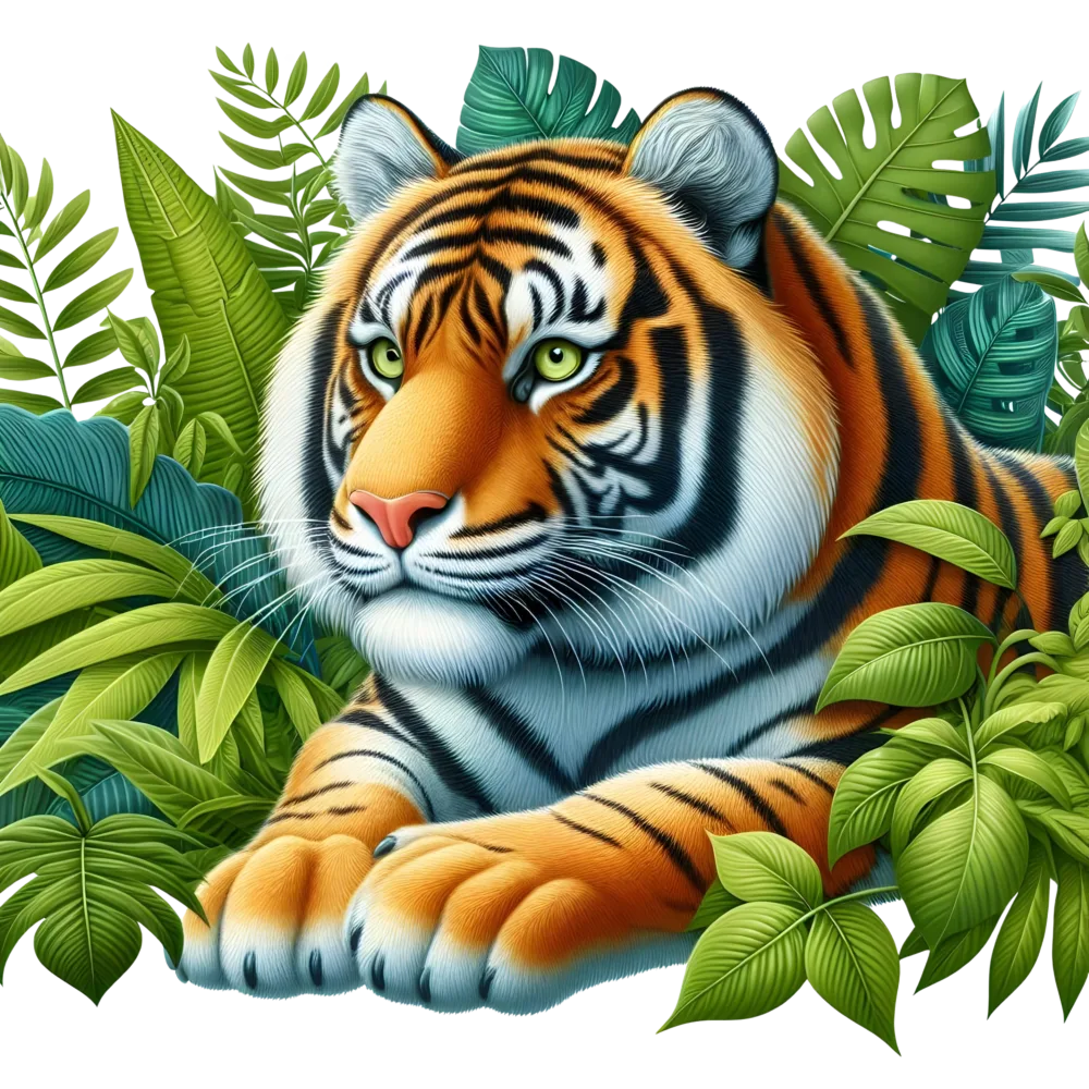 Resting Tiger Surrounded by Lush Jungle Leaves