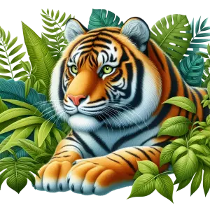Resting Tiger Surrounded by Lush Jungle Leaves