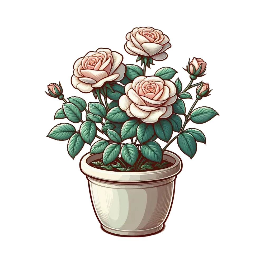 Potted White Roses with Green Leaves Illustration