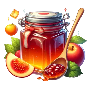 Jar of fruit jam with fresh fruits and wooden spoon