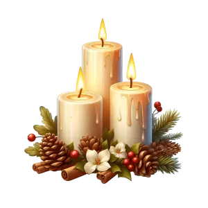 Three Lit Candles with Pinecones and Festive Greenery