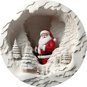 Santa Claus in a Paper Art Winter Cave with Snowy Trees