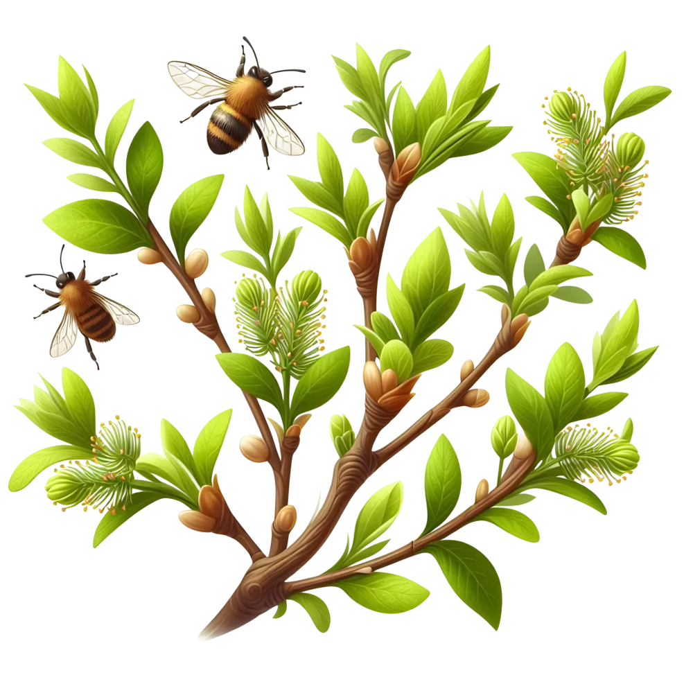 Bee Pollinating Branch with Green Leaves and Buds