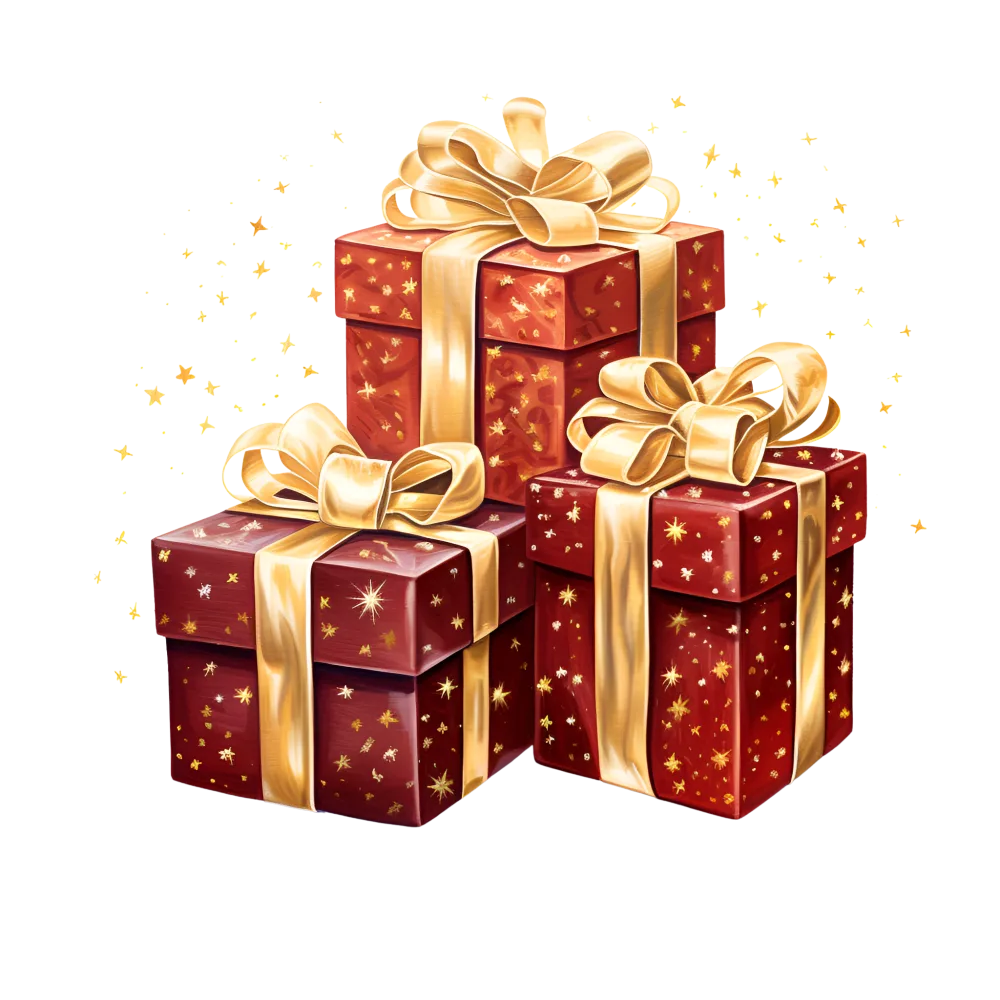 Red Festive Gift Boxes with Gold Ribbons and Sparkles