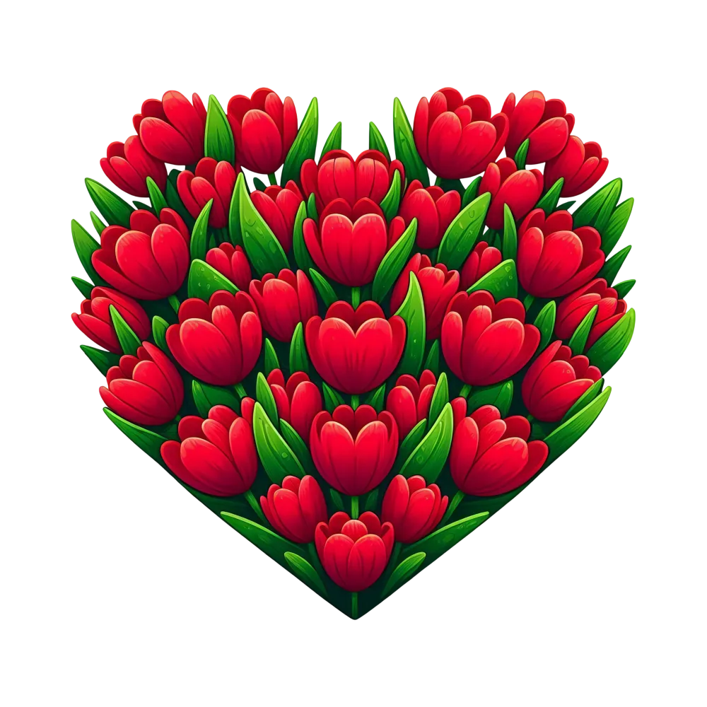 Heart Shape Made of Red Tulip Flowers with Green Leaves