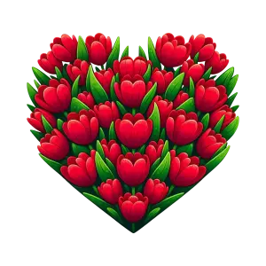 Heart Shape Made of Red Tulip Flowers with Green Leaves