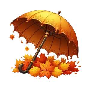 Orange Autumn Umbrella with Fallen Maple Leaves