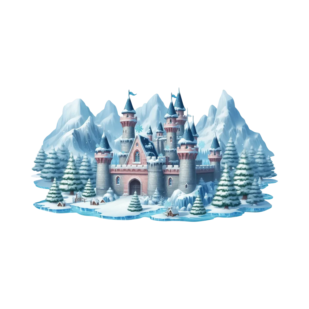Snowy Fantasy Castle with Pine Trees and Mountains