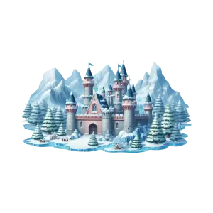 Snowy Fantasy Castle with Pine Trees and Mountains