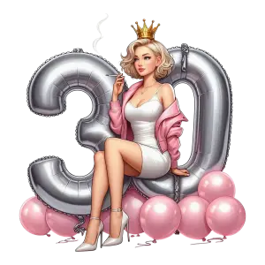Stylish Woman Sitting on Silver 30th Birthday Balloons with Crown