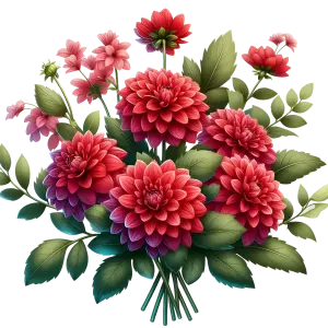 Red Dahlia and Pink Floral Bouquet with Green Leaves