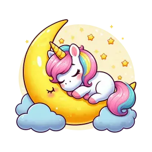 Cute Sleeping Unicorn on Crescent Moon with Stars and Clouds