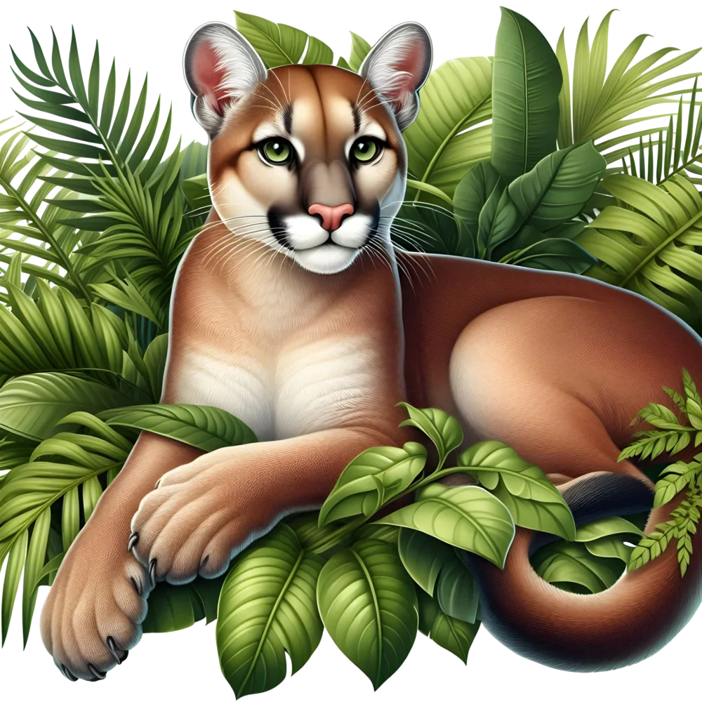 Realistic Mountain Lion Lying Among Green Tropical Leaves