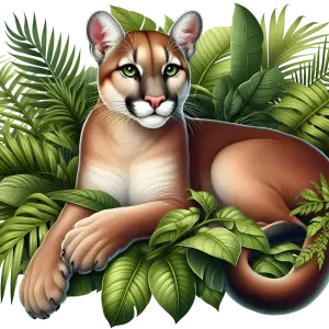 Realistic Mountain Lion Lying Among Green Tropical Leaves