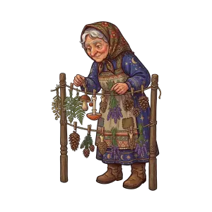 Elderly Woman Drying Herbs and Mushrooms Illustration