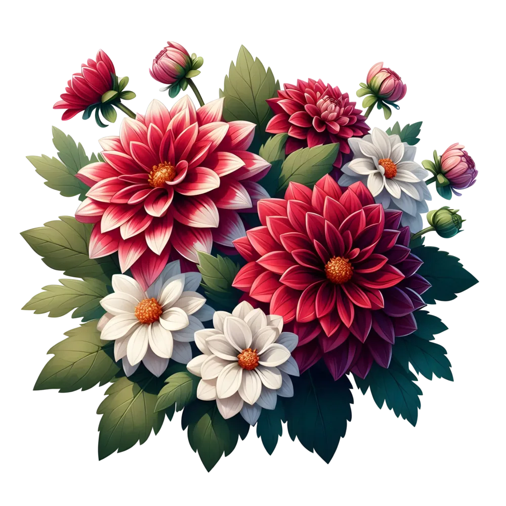 Realistic Red and White Dahlia Flowers with Green Leaves