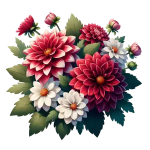 Realistic Red and White Dahlia Flowers with Green Leaves