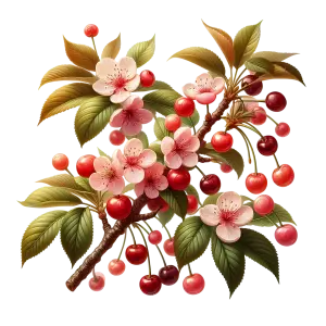 Cherry Blossom Branch with Red Cherries and Green Leaves