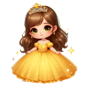 Cute Cartoon Princess in Yellow Dress with Tiara