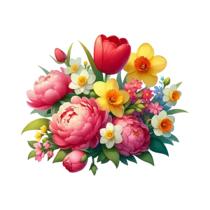 Colorful Spring Flowers Bouquet with Peonies, Tulip, and Daffodils