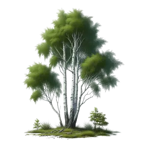 Realistic Birch Tree Cluster with Green Foliage and Ground Vegetation