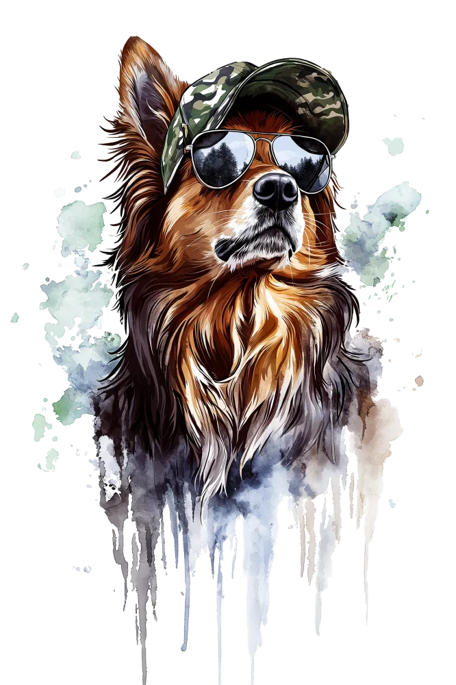 Cool Dog Wearing Camouflage Cap and Sunglasses Artistic Illustration