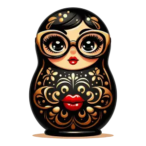 Black Russian Matryoshka Doll with Big Glasses and Red Lips