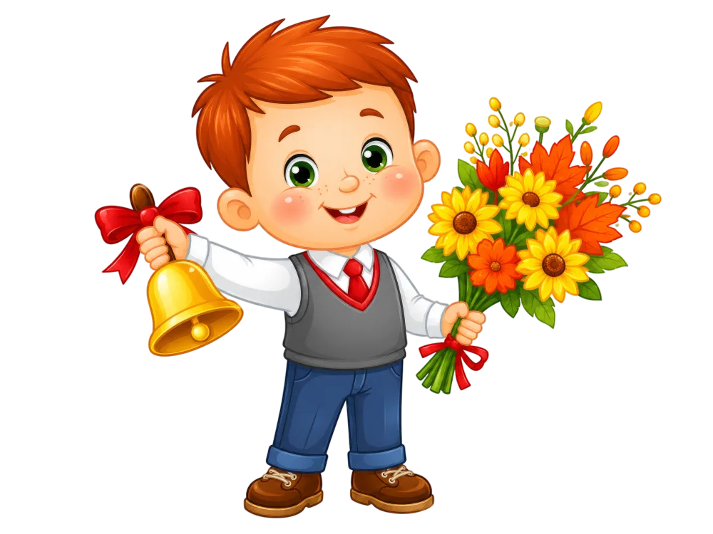 Smiling Boy Holding Bell with Red Bow and Colorful Flower Bouquet