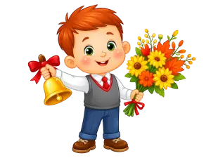 Smiling Boy Holding Bell with Red Bow and Colorful Flower Bouquet