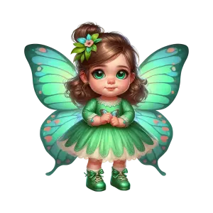 Cute Little Girl Fairy with Green Butterfly Wings