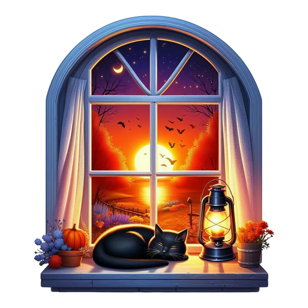 Cozy Autumn Window Scene with Sleeping Black Cat and Lantern